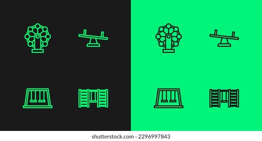 Set line Swedish wall, Swings for kids, Ferris wheel and Seesaw icon. Vector