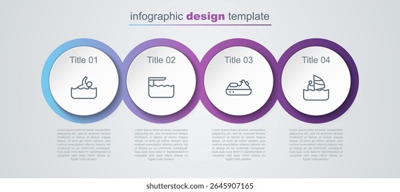 Definir linha Nadador, trampolim ou trampolim, Jet ski e Windsurf. Modelo de infográfico comercial. Vetor
