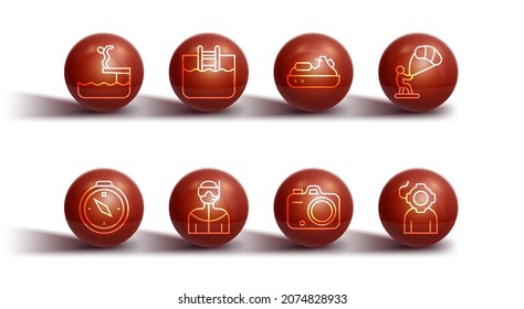 Set line Swimmer diving into pool, Compass, Kitesurfing, Photo camera, Wetsuit for scuba, Swimming with ladder, Aqualung and Jet ski icon. Vector