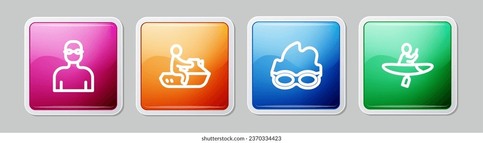 Set line Swimmer, Jet ski, Glasses for swimming and Kayak and paddle. Colorful square button. Vector