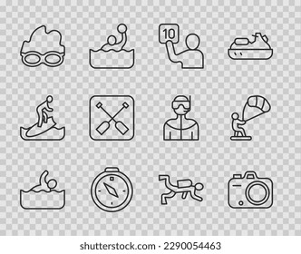 Set line Swimmer, Photo camera, Assessment of judges, Compass, Glasses for swimming, Paddle, Scuba diver and Kitesurfing icon. Vector