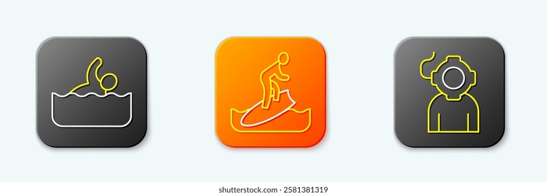 Set line Swimmer, Surfboard and Aqualung icon. Vector
