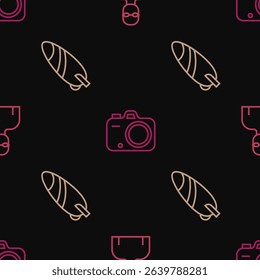 Set line Swimmer, Surfboard and Photo camera on seamless pattern. Vector