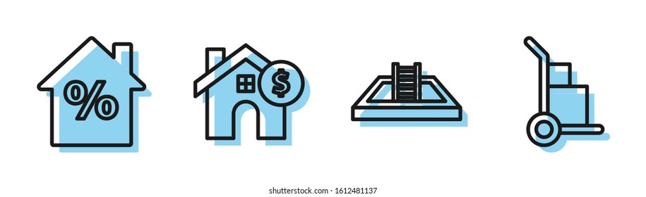 Set line Swimming pool with ladder, House with percant discount tag, House with dollar symbol and Hand truck and boxes icon. Vector