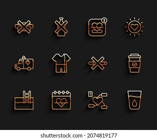 Set line Swimming pool with ladder, Heart rate, No junk food, Attention to health heart, Glass water, Sport track suit, Coffee cup go and Smoking icon. Vector