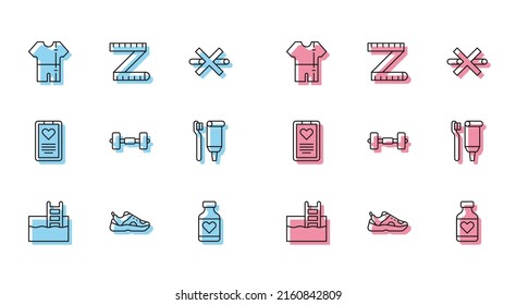 Set Linie Schwimmbad mit Leiter, Sport-Turnschuhe, Spuranzug, Vitamin-Pille, Dumbell, Zahnbürste und Zahnpasta, medizinische Zwischenablage und Tape-Maßsymbol. Vektorgrafik