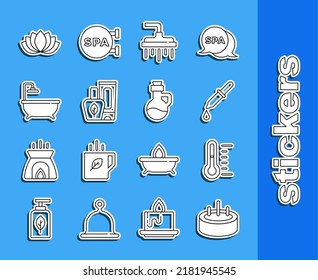 Set line Swimming pool with ladder, Sauna thermometer, Pipette, Shower head, Ointment cream tube, Bathtub, Lotus flower and Essential oil bottle icon. Vector