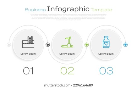 Set line Swimming pool with ladder, Treadmill machine and Vitamin pill. Business infographic template. Vector