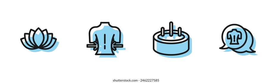 Set line Swimming pool with ladder, Lotus flower, Massage and  icon. Vector