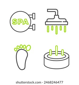Set line Swimming pool with ladder, Foot massage, Shower head and Spa salon icon. Vector