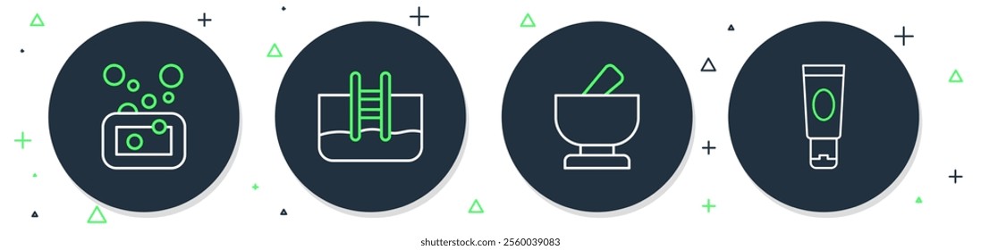 Set line Swimming pool with ladder, Mortar and pestle, Bar of soap and Cream lotion cosmetic tube icon. Vector