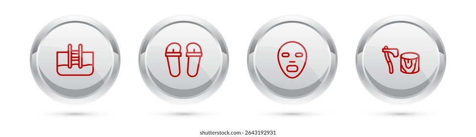 Set line Swimming pool with ladder, Flip flops, Facial cosmetic mask and Wooden axe stump. Silver circle button. Vector
