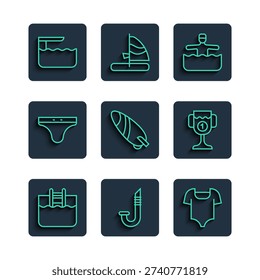 Set line Swimming pool with ladder, Snorkel, Swimsuit, Water gymnastics, Surfboard, trunks, Diving springboard and Award cup icon. Vector