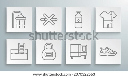 Set line Swimming pool with ladder, No Smoking, Kettlebell, Bed, Sport sneakers, Bottle of water, track suit and Shower head icon. Vector