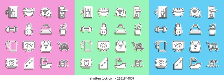 Set line Swimming pool, Trolley suitcase, Bottle of champagne, Wi-Fi wireless internet, Suitcase, Dumbbell, Lift and Hotel service icon. Vector