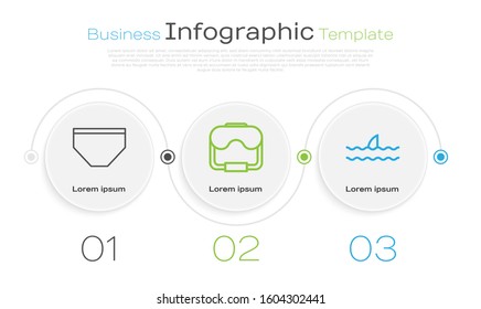 Set Line Swimming Trunks, Diving Mask And Shark Fin In Ocean Wave. Business Infographic Template. Vector