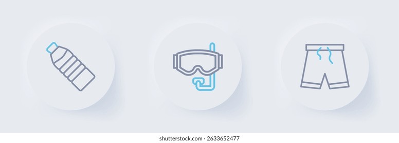 Set line Swimming trunks, Diving mask and Bottle of water icon. Vector