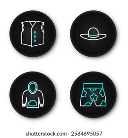 Set line Swimming trunks, Hoodie, Elegant women hat and Waistcoat icon. Vector