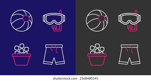 Set line Swimming trunks, Ice bucket, Diving mask and Beach ball icon. Vector