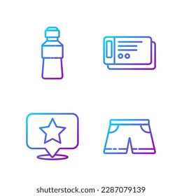 Set line Swimming trunks, Map pointer with star, Bottle of water and Travel ticket. Gradient color icons. Vector