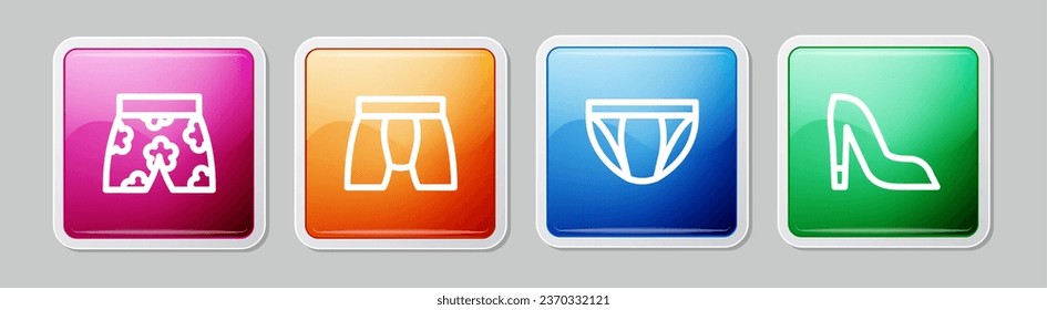 Set line Swimming trunks, Men underpants,  and Woman shoe. Colorful square button. Vector