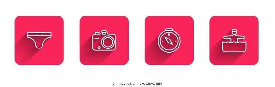 Set line Swimming trunks, Photo camera, Compass and Water gymnastics with long shadow. Red square button. Vector