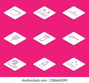 Set line Swimming trunks, Rubber flippers for swimming, Shark fin ocean wave, Neptune Trident, Flashlight, Fishing harpoon, Boots and Aqualung icon. Vector