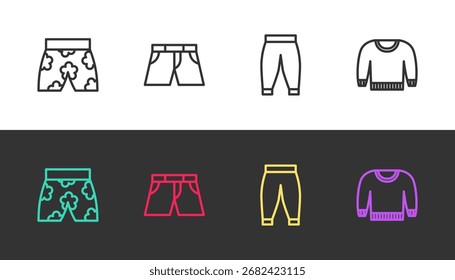 Set line Bañadores, Pantalones cortos o pantalones, Pantalones y Suéter en blanco y negro. Vector