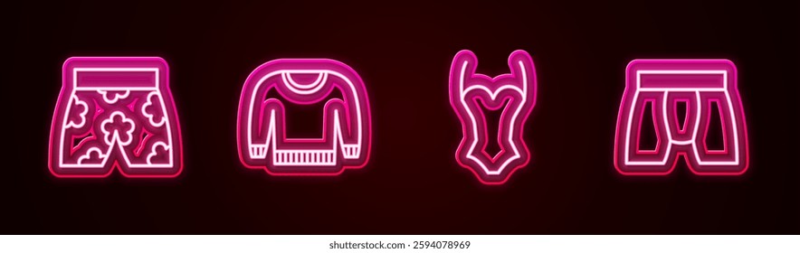 Set line Swimming trunks, Sweater, Swimsuit and Men underpants. Glowing neon icon. Vector