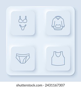 Set line Swimsuit, Hoodie, Men underpants and Undershirt. White square button. Vector