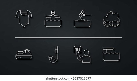 Set line Swimsuit, Jet ski, Glasses for swimming, Assessment of judges, Snorkel, Water gymnastics, Diving board springboard and skiing man icon. Vector