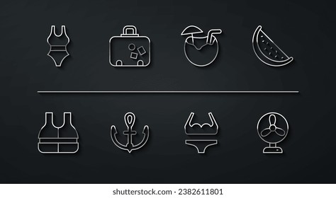 Set line Swimsuit, Life jacket, Watermelon, Anchor, Suitcase, Electric fan and Coconut cocktail icon. Vector