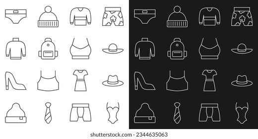 Set line Swimsuit, Man hat, Elegant women, Sweater, School backpack, Men underpants and Female crop top icon. Vector