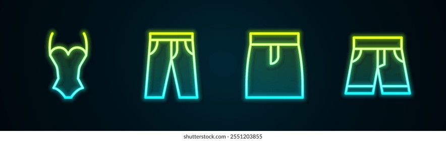 Traje de baño, pantalones, falda y pantalones cortos o pantalones. Icono de neón brillante. Vector