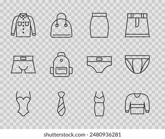 Set line Swimsuit, Sweater, Skirt, Tie, Shirt, School backpack, Woman dress and Men underpants icon. Vector