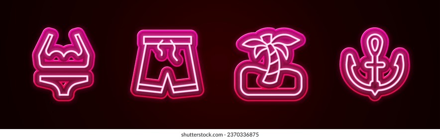 Set line Swimsuit, Swimming trunks, Tropical palm tree and Anchor. Glowing neon icon. Vector