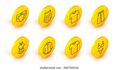 Set line Swimsuit, T-shirt, Hoodie, Undershirt, Pants, Skirt and Men underpants icon. Vector