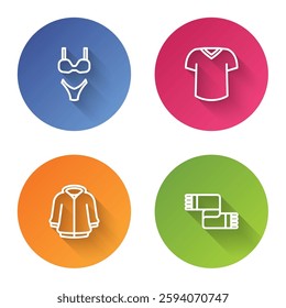 Set line Swimsuit, T-shirt, Hoodie and Winter scarf. Color circle button. Vector