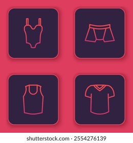 Set line Swimsuit, Undershirt, Men underpants and T-shirt. Blue square button. Vector