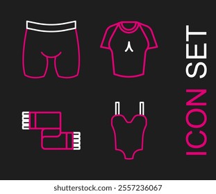 Set line Swimsuit, Winter scarf, T-shirt and Cycling shorts icon. Vector