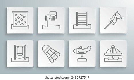 Set line Swing, backboard de baloncesto, volante de bádminton, avión, carrusel de atracción, pared sueca, caballo de juguete e icono de escalada. Vector