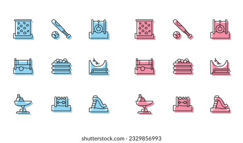 Set line Swing boat, Abacus, Climbing wall, Kid slide, Pool with balls, Skate park, Volleyball net and Baseball bat icon. Vector