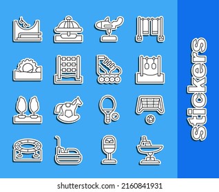 Set line Swing boat, Soccer goal with ball, Gymnastic rings, plane, Tic tac toe game, Ferris wheel, Skate park and Roller skate icon. Vector