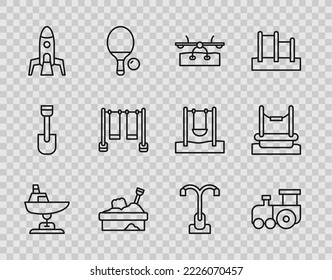 Set line Swing boat, Toy train, Seesaw, Sandbox with sand, Rocket ship, Double swing, Street light and Bungee icon. Vector