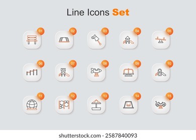 Set line Swing car, Ferris wheel, Sandbox with sand, Playground climbing equipment, Slide playground, Attraction carousel and plane icon. Vector