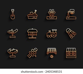 Set line Swing car, Hopscotch, Shovel toy, Soccer goal with ball, Shooting gallery, Attraction carousel, Badminton shuttlecock and Toy train icon. Vector