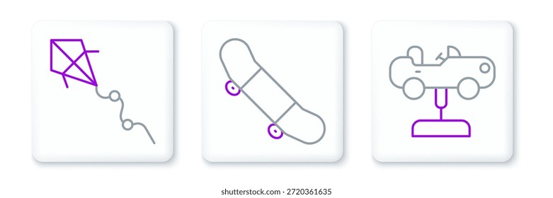 Set Linie Swing Auto, Drachen und Skateboard Trick Symbol. Vektorgrafik