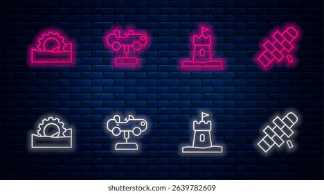 Set line Swing car, Sand tower, Ferris wheel and Hopscotch. Glowing neon icon on brick wall. Vector