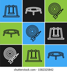 Set line Swing, Classic dart board and arrow and Jumping trampoline icon. Vector