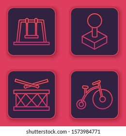 Set line Swing, Drum with drum sticks, Joystick for arcade machine and Vintage bicycle with one big wheel and one small. Blue square button. Vector